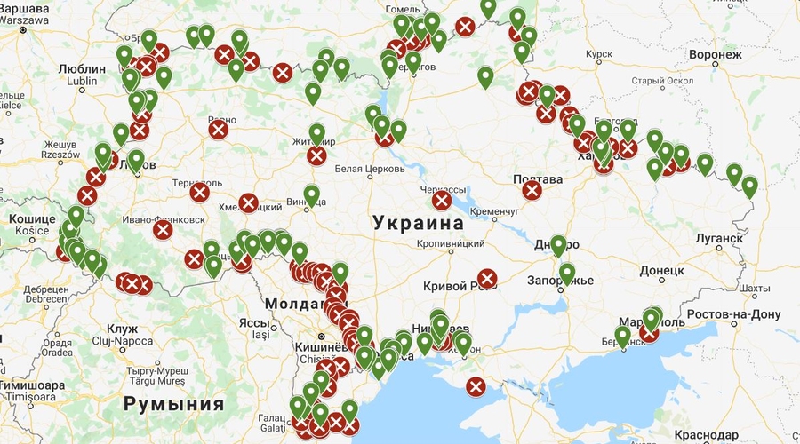Оперативная карта работы пунктов пропуска Украины на время карантина